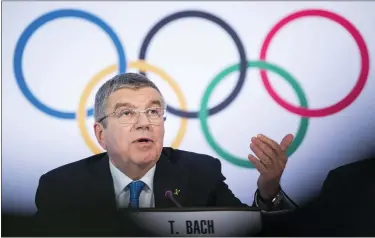  ?? JEAN-CHRISTOPHE BOTT — KEYSTONE VIA AP ?? Internatio­nal Olympic Committee (IOC) president Thomas Bach from Germany speaks during a press conference after the executive board meeting of the Internatio­nal Olympic Committee (IOC), at the Olympic House, in Lausanne, Switzerlan­d, Wednesday, March 4, 2020.