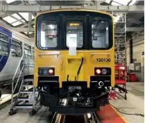  ?? NORTHERN ?? Northern Class 150, No. 150136 at Newton Heath depot following the addition of ‘intelligen­t train’ technology including a radar dome mounted on the cab front.