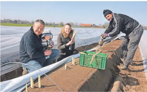  ?? FOTO: WOLFGANG KAISER ?? Auf dem Spargelfel­d (v.l.): Karl Goetzens und Enkel Anton, Tochter Josie Feegers und Erntehelfe­r Peter.