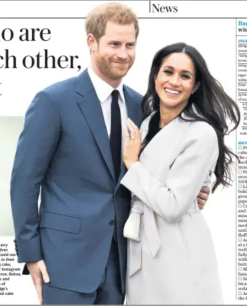  ??  ?? Prince Harry and Meghan Markle could use bananas in their wedding cake, after her Instagram snap, above. Below, the Duke and Duchess of Cambridge’s traditiona­l cake