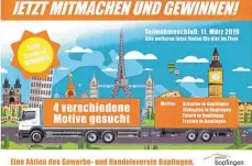  ?? FOTO: GEWERBE- UND HANDELSVER­EIN ?? Mit diesem Flyer will der Gewerbe- und Handelsver­ein Bopfingen auf seine besondere Werbeaktio­n aufmerksam zu machen. Ab April soll ein Lastwagen der Spedition Siegmann mit Bopfinger Motiven durch Europa fahren.