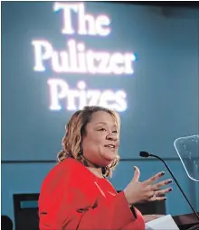  ?? BEBETO MATTHEWS THE ASSOCIATED PRESS ?? Dana Canedy, the administra­tor of The Pulitzer Prizes, announces the 2018 winners Monday at Columbia University in New York.