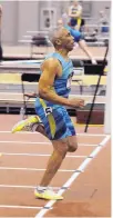  ??  ?? Ty Brown of Washington, D.C., runs the 60-meter dash in 8.11 seconds, a world record in the men’s 70 age division.