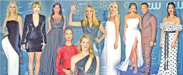  ??  ?? (Left to right) Nicole Kidman; Elizabeth Olsen; Sarah Silverman; Nina Dobrev; Laura Dern; Julia Roberts; Lady Gaga; Chrissy Teigen and husband John Legend and, Olivia Munn attend the 24th Critics Choice Awards in Santa Monica, California, US, Sunday. — Reuters photos