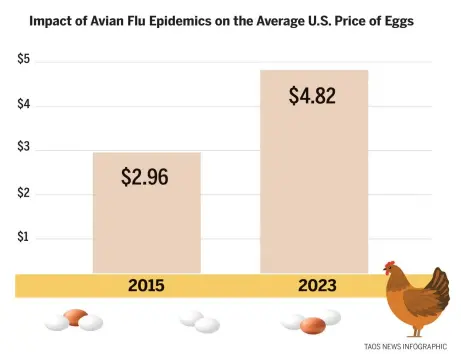  ?? ?? In 2015, the avian flu left 51 million dead chickens in its wake. The contrastin­g difference between these two epidemics is that in 2015, the average price for a dozen eggs peaked at $2.96, according to the U.S. Bureau of Labor Statistics. In 2023, the average price for a dozen eggs is $4.82. However, there are other factors that play into these egregious prices.