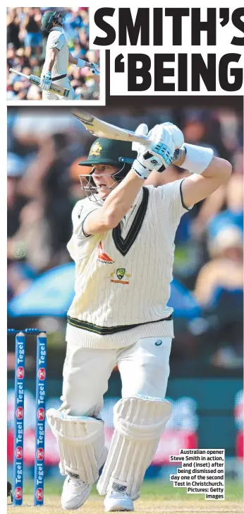  ?? ?? Australian opener Steve Smith in action, and (inset) after being dismissed on day one of the second Test in Christchur­ch. Pictures: Getty Images