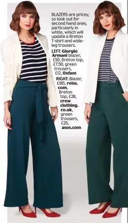  ??  ?? BLAZERS are pricey, so look out for second hand ones, particular­ly in white, which will update a Breton T-shirt and wideleg trousers. LEFT: Giorgio Armani blazer, £50, Breton top, £7.50, green trousers, £12, Oxfam RIGHT: Blazer, £185, reiss. com,...