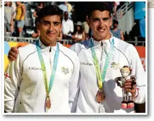  ?? GETTY IMAGES ?? Soaring ambitions: Javier (left) and Joaquin on the Thames shoreline and (inset) winning bronze at Birmingham 2022
