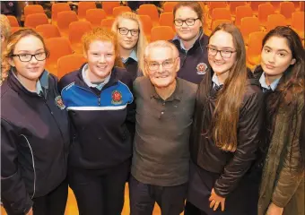  ??  ?? Students from St Josephs Secondary School Ballybunio­n Mia Fitzpatric­k, Rachel Stack, Annamay Wall, Lily Belle, Karis Kunwor and Katie Barry meeting Holocaust survivor Tomi Reichental at the Young Adult Book Fest in Listowel Community Centre on Thursday.