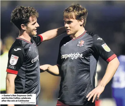  ?? Micah Crook/PPAUK ?? Exeter’s Ben Seymour (left) and Archie Collins celebrate after the win at Colchester