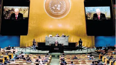  ?? AP ?? Palestinia­n President Mahmoud Abbas addresses the 77th session of the United Nations General Assembly on September 23, 2022, at the UN headquarte­rs.