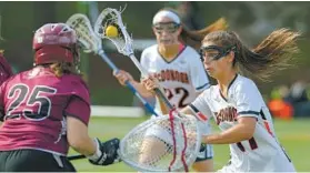  ?? DOUG KAPUSTIN/PHOTO FOR THE BALTIMORE SUN ?? McDonogh’s Brindi Griffin shoots and scores against Severn goalie Abbey Dengler. Griffin scored two goals in the Eagles’ victory. Dengler had 10 saves for the Admirals.