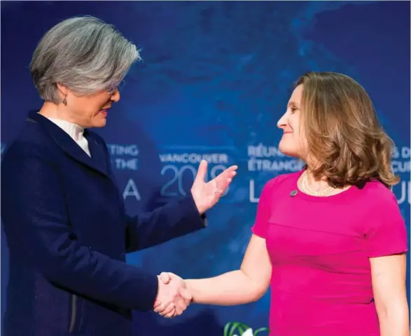  ?? By Jonathan Hayward, The Canadian Press via AP) (Photo ?? Canadian Foreign Affairs Minister Chrystia Freeland, right, and South Korea's Foreign Minister Kang Kyung-wha meet in Vancouver, British Columbia, Monday, Jan. 15, 2018.