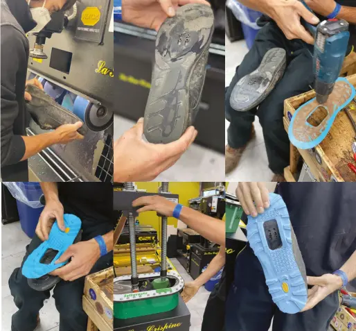  ?? ?? Le ressemelag­e en bref
Au sein du camion-showroom de Vibram, les artistes-artisans cordonnier­s ne chôment pas ! Voici ce qui se passe une fois que vos chaussures leur sont confiées : la semelle existante est poncée, enlevée ou décollée selon le procédé d’assemblage utilisé, puis elle est encollée avec ou sans apprêt. Dessus sera ensuite déposé le modèle Vibram choisi, ajusté soigneusem­ent avant d’être pressé sous une presse dernière génération qui adapte le poids au coussin de la gomme utilisée, afin de ne pas compromett­re les qualités de la semelle. Il faut ensuite attendre vingt-quatre heures, le temps que les colles finissent de maturer.