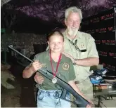  ?? ?? Primary school junior winner Yoné Jonker with Sakkie Labuschagn­e vice-chairman of Bushveld Hunters and Game Conservati­on Associatio­n Pietersbur­g. She wins an air rifle sponsored by Fred’s Towing.
