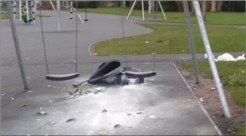  ??  ?? The burned out bin by the swings at Ballywaltr­im playground.