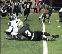  ?? TIM GODBEE / For the Calhoun Times ?? Calhoun’s Brannon Spector (3) brings down Pace Academy’s Charlie Kaye during last Friday’s game.