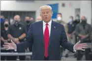  ?? EVAN VUCCI ?? President Donald Trump speaks as he tours an emergency operations center and meets with law enforcemen­t officers at Mary D. Bradford High School, Tuesday, Sept. 1, 2020, in Kenosha, Wis.