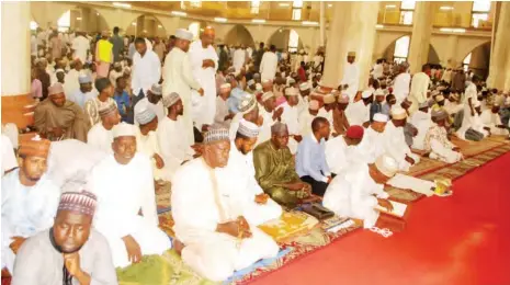  ?? Muslims observe the 2018 first Friday Ramadan prayer at the National Mosque in Abuja yesterday Photo: NAN ??