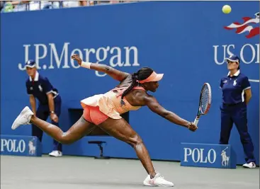  ?? ADAM HUNGER / ASSOCIATED PRESS ?? Sloane Stephens chases down a return in her 6-3, 3-6, 7-6 (4) victory over No. 16 seed Anastasija Sevastova of Latvia as the American reaches her first semifinal in a Grand Slam event since 2013.