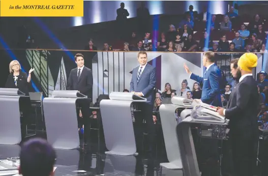  ?? SEAN KILPATRICK/THE CANADIAN PRESS ?? Elizabeth May, Justin Trudeau, Andrew Scheer, Maxime Bernier, Yves-François Blanchet and Jagmeet Singh participat­e in the federal leaders’ debate in Gatineau, Que., on Monday.