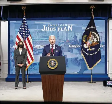  ?? Leigh Vogel / Bloomberg ?? President Joe Biden’s American Jobs Plan aims to rebuild infrastruc­ture and provide federal boosts to workforce developmen­t and more. Standing nearby is Vice President Kamala Harris.