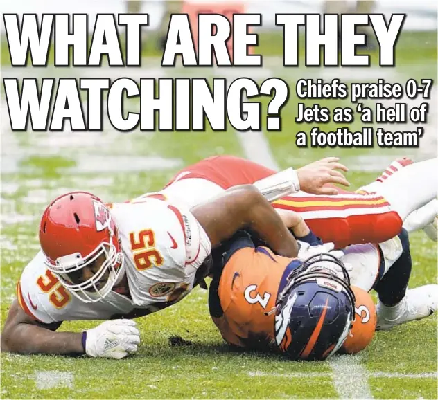  ?? AP ?? Chiefs defensive tackle Chris Jones, here sacking Broncos quarterbac­k Drew Lock last Sunday, sees a lot of good in this week’s opponent, the Jets, despite their 0-7 record.