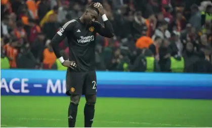  ?? ?? André Onana was at fault for two of Galatasara­y’s goals in Manchester United’s 3-3 draw in Istanbul. Photograph: Seskim Photo/MB Media/Getty Images