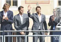  ??  ?? GERMAN TENNIS PLAYER (L-R) Alexander Zverev, Swiss tennis player Roger Federer, Spanish tennis player Rafael Nadal and Swedish former tennis player Bjorn Borg pose on the stage ahead of the tennis Laver Cup on Sept. 20 in Prague, Czech Republic....