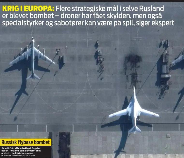  ?? FOTO: MAXAR TECHNOLOGI­ES/ RITZAU SCANPIX ?? Russisk flybase bombet
Satellitfo­to af bombefly på Engelsbase­n i Rusland, som blev ramt af et angreb – muligvis fra droner.
