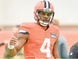  ?? DAVID RICHARD/AP ?? Browns quarterbac­k Deshaun Watson gestures on the field during practice at the team’s training facility on Wednesday in Berea, Ohio.