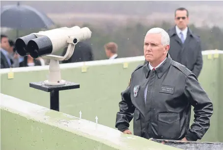  ?? Picture: AP. ?? Vice-president Mike Pence at the South Korean border post during yesterday’s visit.