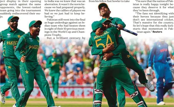  ?? AFP PIC ?? Pakistan players celebrate their victory over India after the Champions Trophy final at The Oval in London on Sunday.