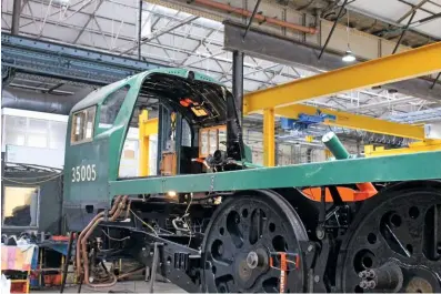  ?? BECKY PEACOCK ?? A December view of Canadian Pacific in Eastleigh Works, showing reinstated cab fittings and glass newly installed in the windows.