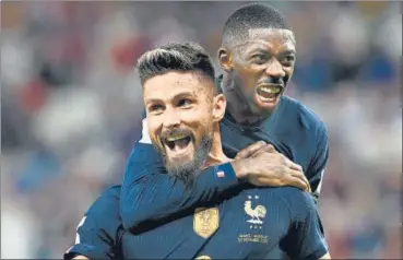  ?? AFP ?? Olivier Giroud celebrates with Ousmane Dembele after scoring against Australia in the World Cup Group D match on Tuesday.