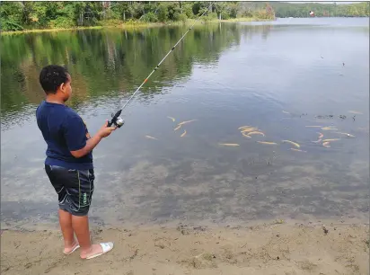  ?? Photos by Ernest A. Brown/The Call ?? Above, Odair DaRosa, 11, of Central Falls, eyes a pack of golden trout he hopes to snag while enjoying the fishing derby at Stephen Olney Pond in Lincoln Woods State Park Saturday. The derby was sponsored by Rhode Island Fish and Wildlife, in...