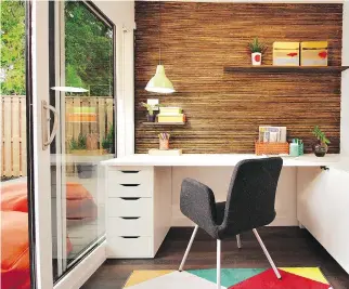  ??  ?? Sarah Keenleysid­e creates a clean, modern, Scandinavi­an-inspired feel in this home office built from a shipping container in a family’s backyard, below. “How awesome is it to have your own home office in your backyard?” says Brian McCourt. Bright...