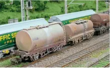  ?? ?? Painted and weathered: the finished TTA model is close enough in shape and size to pass muster on an ‘N’ gauge layout, and fits in well in yard scenes with other china clay wagons.