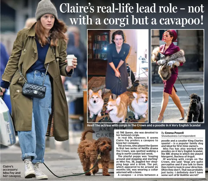  ?? ?? Claire’s accessory: Miss Foy and her cavapoo
Heel! The actress with corgis in The Crown and a poodle in A Very English Scandal