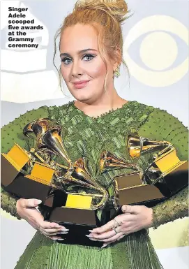 ??  ?? Singer Adele scooped five awards at the Grammy ceremony