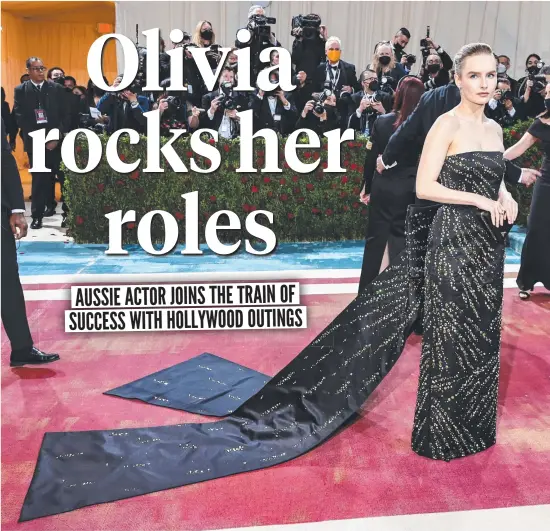  ?? ?? Olivia DeJonge attends the Met Gala on Monday in New York City; and (below from left) DeJonge with Elvis biopic co-star Austin Butler, and Priscilla Presley; and with Rosemary DeWitt in a scene from their new movie, The Staircase. Main picture: Getty