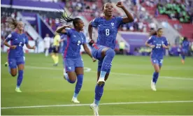  ?? Photograph: Dave Thompson/AP ?? France's Grace Geyoro celebrates after scoring their opening goal against Italy. She went on to score a hat-trick as they won 5-1