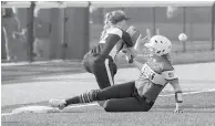  ?? Staff photo Joshua Boucher ?? Hughes Springs’ Haylee Wilson is safe at third as Howe’s Payton Griffin fails to tag her Thursday at Texas A&M University in Commerce. The Lady Mustangs won the first game in the bestof-three regional semifinal. Game 2 is scheduled for Saturday in...