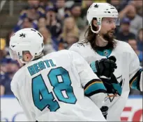  ?? Elsa/Getty Images ?? The San Jose Sharks face possible eliminatio­n in the Stanley Cup playoffs Tuesday against the St. Louis Blues because of injuries to key players such as Tomas Hertl (48) and Erik Karlsson.