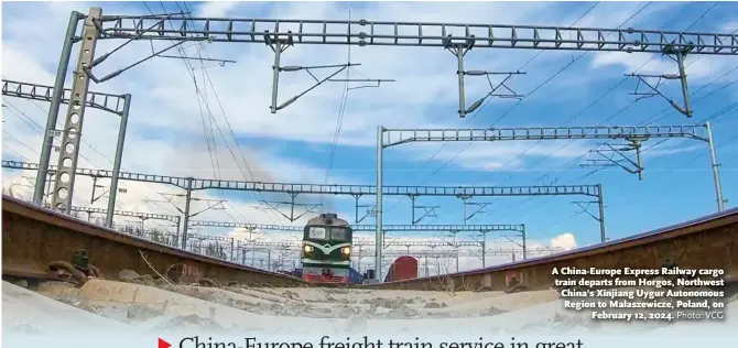  ?? Photo: VCG ?? A China-Europe Express Railway cargo train departs from Horgos, Northwest China’s Xinjiang Uygur Autonomous Region to Malaszewic­ze, Poland, on February 12, 2024.