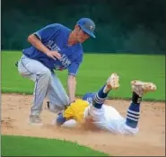  ?? GENE WALSH — DIGITAL FIRST MEDIA ?? Ambler’s Chris Kersey is tug out stealing second by Royersford’s Matt Seiple.