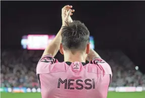  ?? NATHAN RAY SEEBECK/USA TODAY SPORTS ?? Inter Miami forward Lionel Messi celebrates after the home game Saturday against Nashville SC at Chase Stadium.