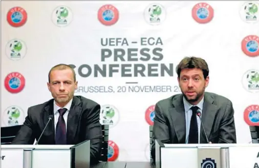  ??  ?? DE LA MANO. El presidente de la UEFA, Aleksander Ceferin, y de la ECA, Andrea Agnelli, tras una reunión anterior.