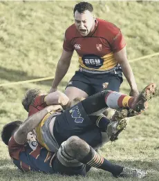  ?? ?? Aram Jones celebrates Ross Chamberlai­n’s try. Photo: David Lowndes.