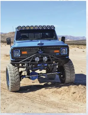  ??  ?? Another busy area of Darren’s C10 is the front end, which features a custom front grille from RBP and tubular bumpers from Chassis Unlimited. There’s also a Smittybilt 12,000-pound winch that can tug out just about anything— thanks to being fitted with synthetic line, a Chassis Unlimited billet fairlead and Factor 55 prolink shackle.